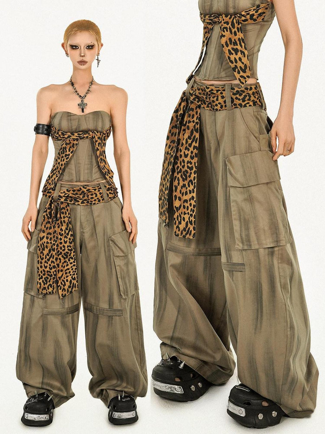Nico Molly Light Brown Leopard Print Cargo Pockets High Waist Women&