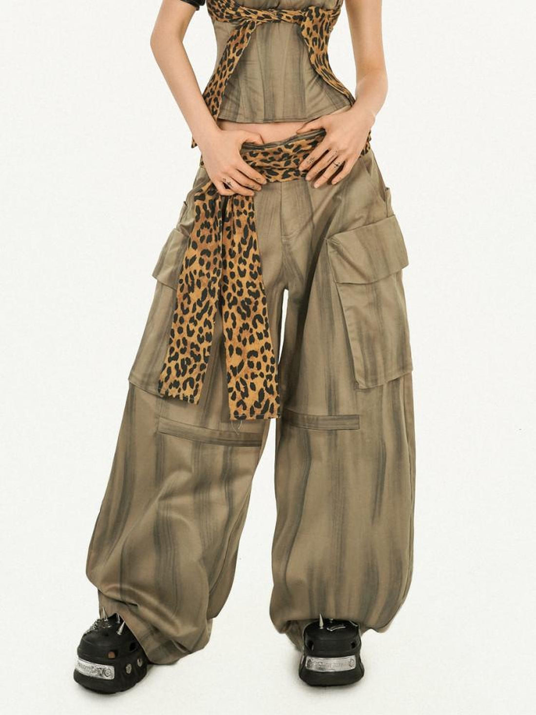 Nico Molly Light Brown Leopard Print Cargo Pockets High Waist Women&