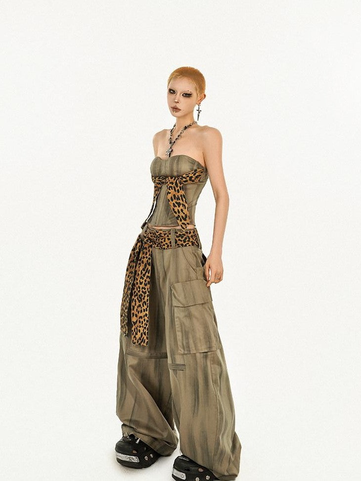 Nico Molly Light Brown Leopard Print Cargo Pockets High Waist Women&