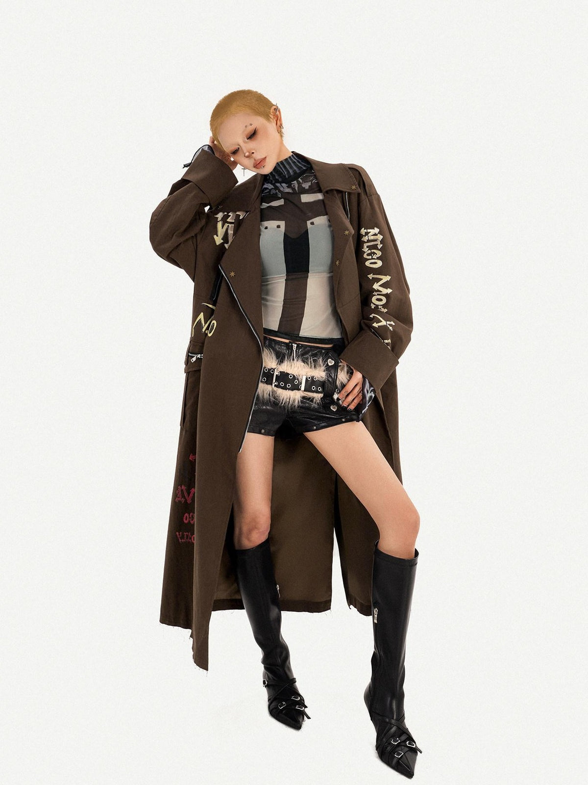 Nico Molly Long Brown Vintage Punk Oversized Blazer Collar Women&