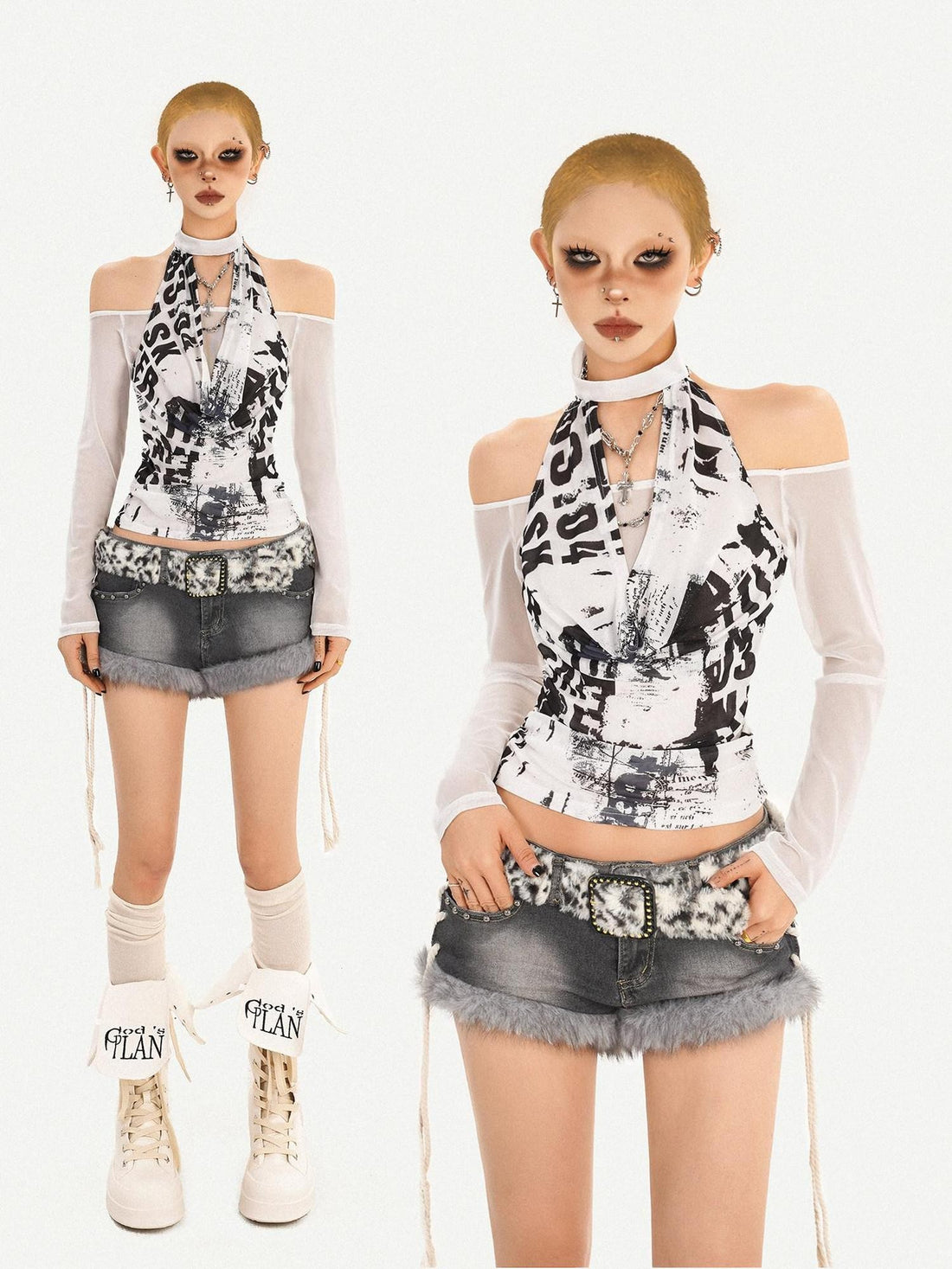 Nico Molly Mesh Halter One Shoulder Letter Print Women&