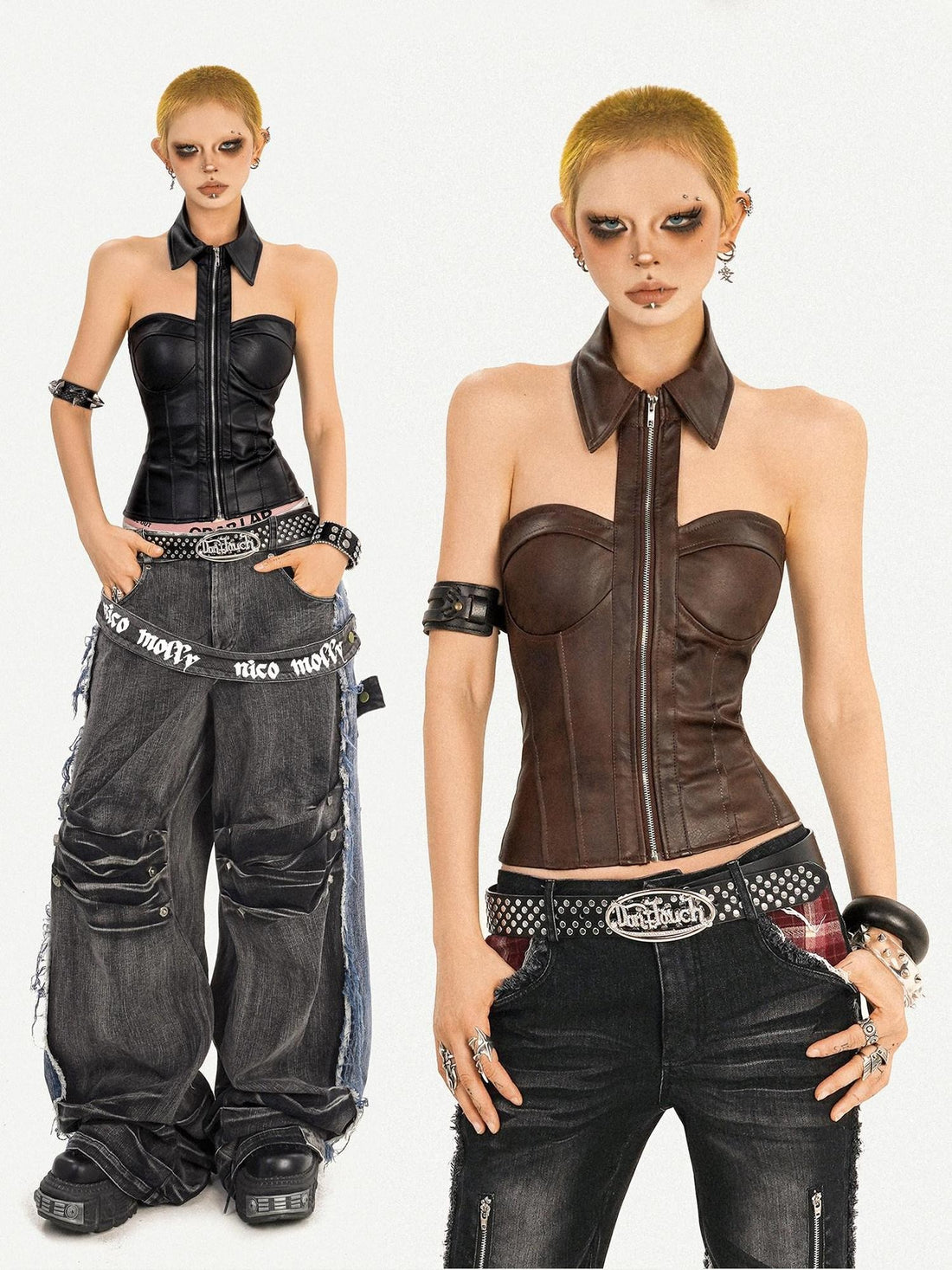 Nico Molly Metallic Cropped Bustier Zip Front Slim Sexy Women&