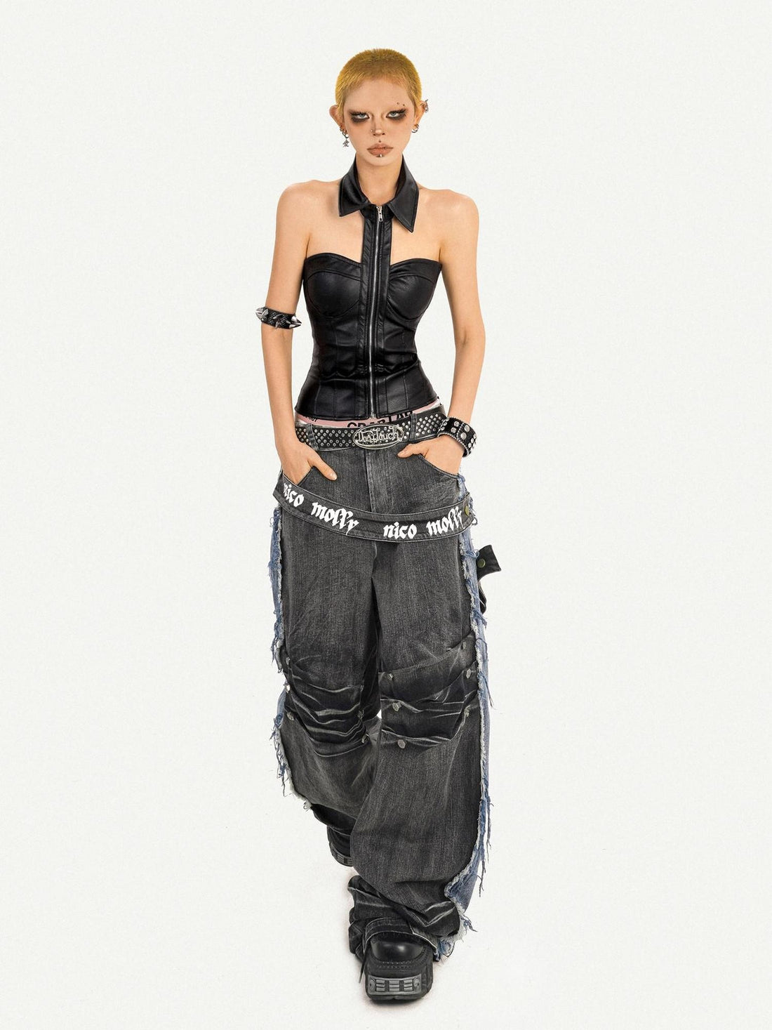 Nico Molly Metallic Cropped Bustier Zip Front Slim Sexy Women&