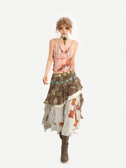 Nico Molly Oil Art Print Ruffle Layered V-neck Cami Patchwork Women&
