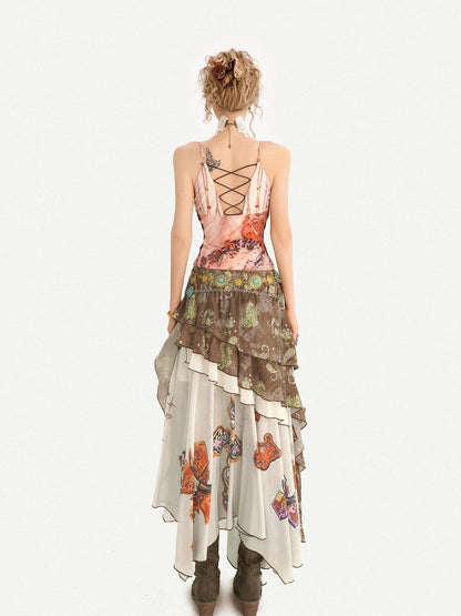 Nico Molly Oil Art Print Ruffle Layered V-neck Cami Patchwork Women&