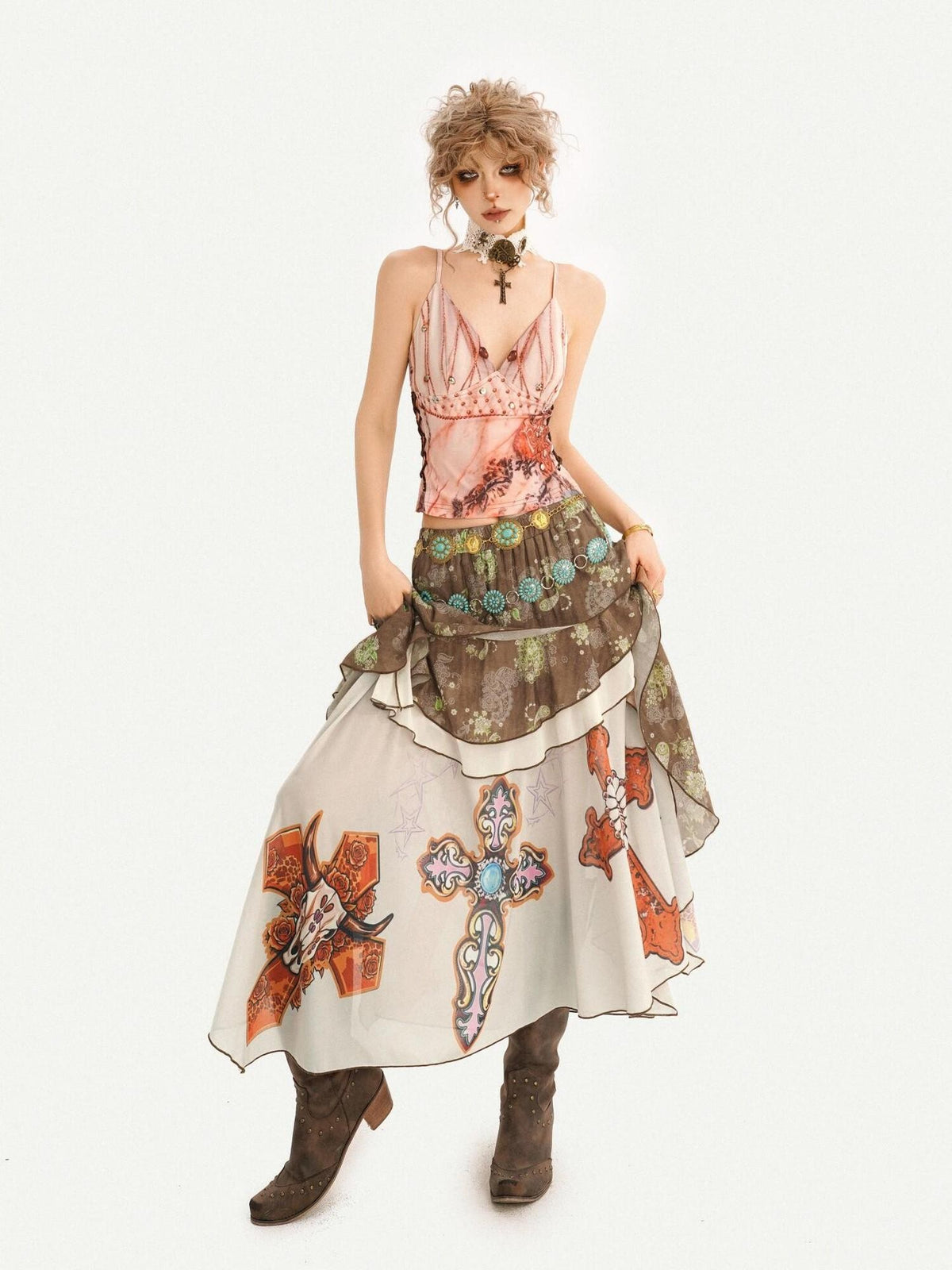 Nico Molly Oil Art Print Ruffle Layered V-neck Cami Patchwork Women&