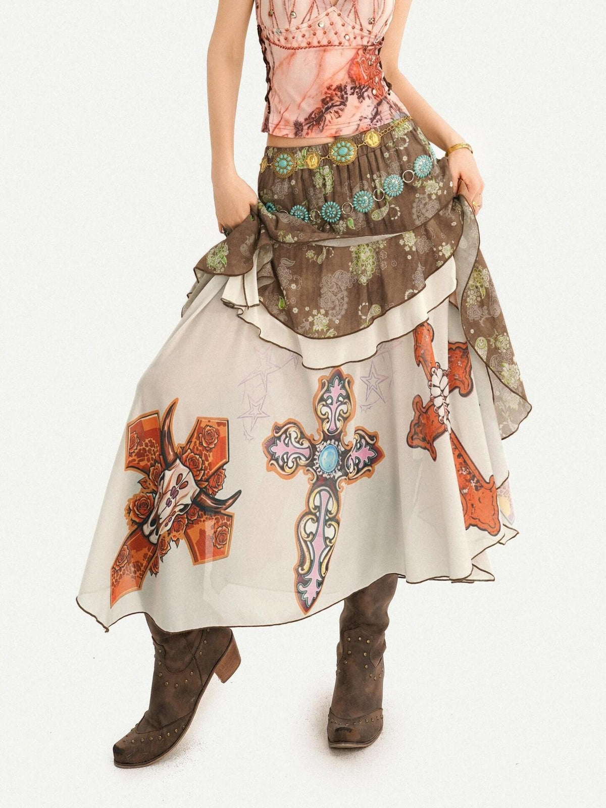 Nico Molly Oil Art Print Ruffle Layered V-neck Cami Patchwork Women&
