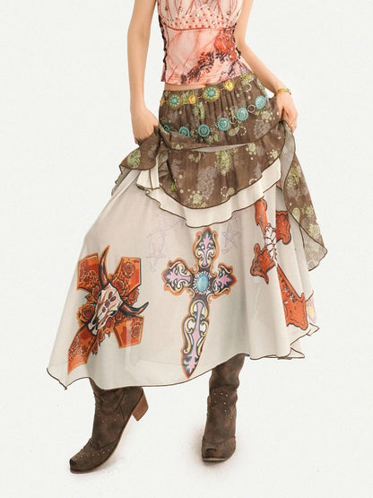Nico Molly Oil Art Print Ruffle Layered V-neck Cami Patchwork Women&