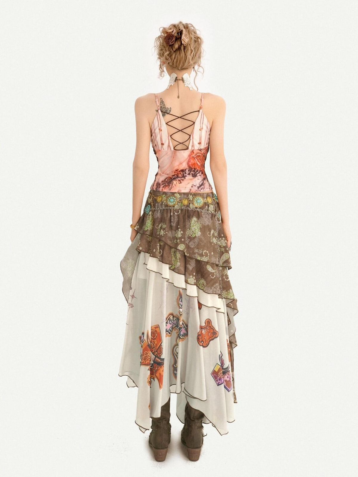 Nico Molly Oil Art Print Ruffle Layered V-neck Cami Patchwork Women&