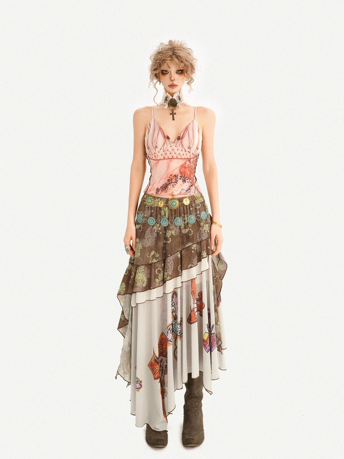 Nico Molly Oil Art Print Ruffle Layered V-neck Cami Patchwork Women&