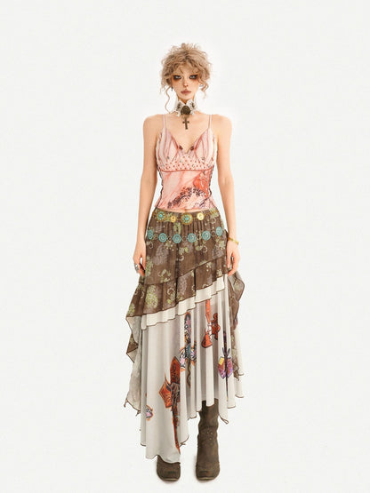 Nico Molly Oil Art Print Ruffle Layered V-neck Cami Patchwork Women&
