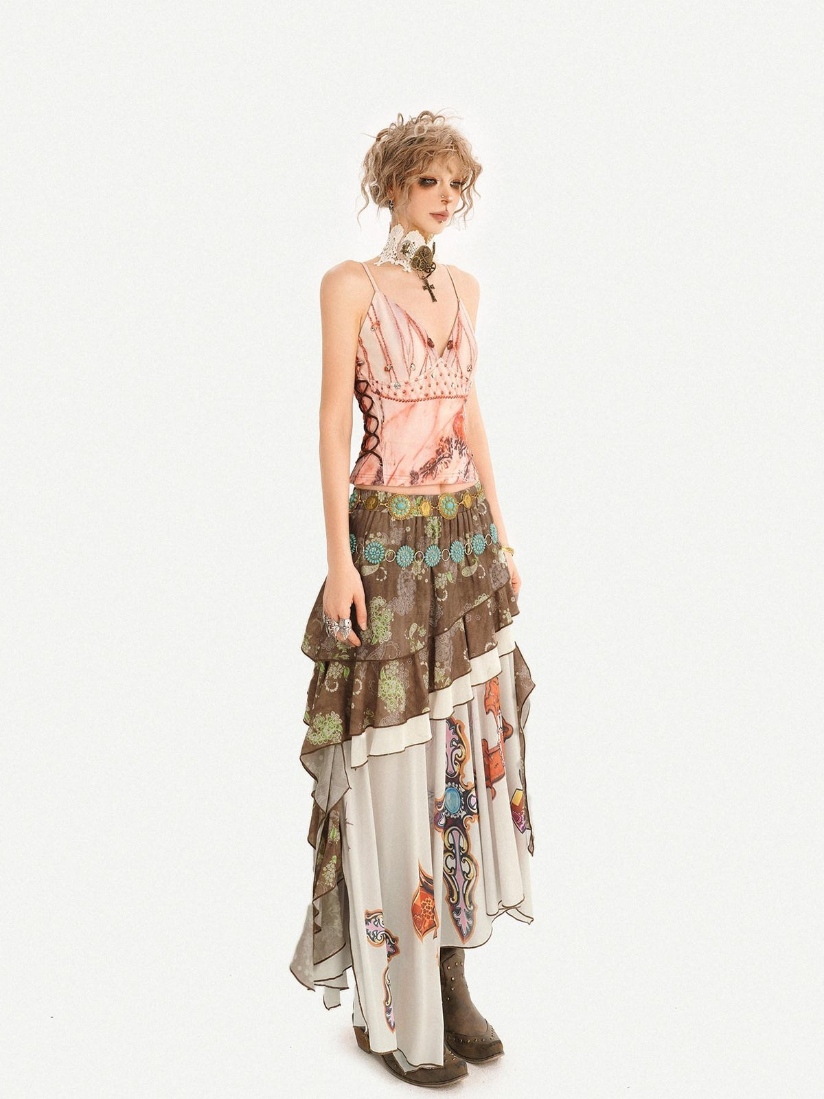 Nico Molly Oil Art Print Ruffle Layered V-neck Cami Patchwork Women&