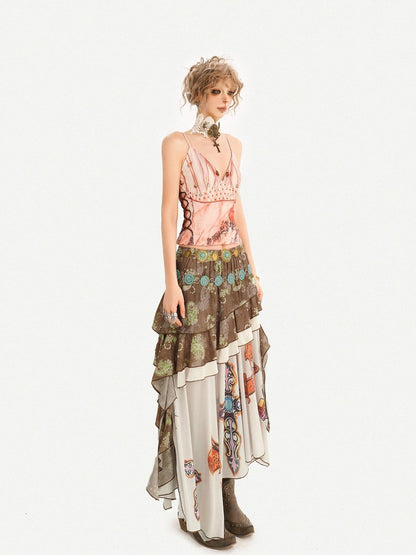 Nico Molly Oil Art Print Ruffle Layered V-neck Cami Patchwork Women&