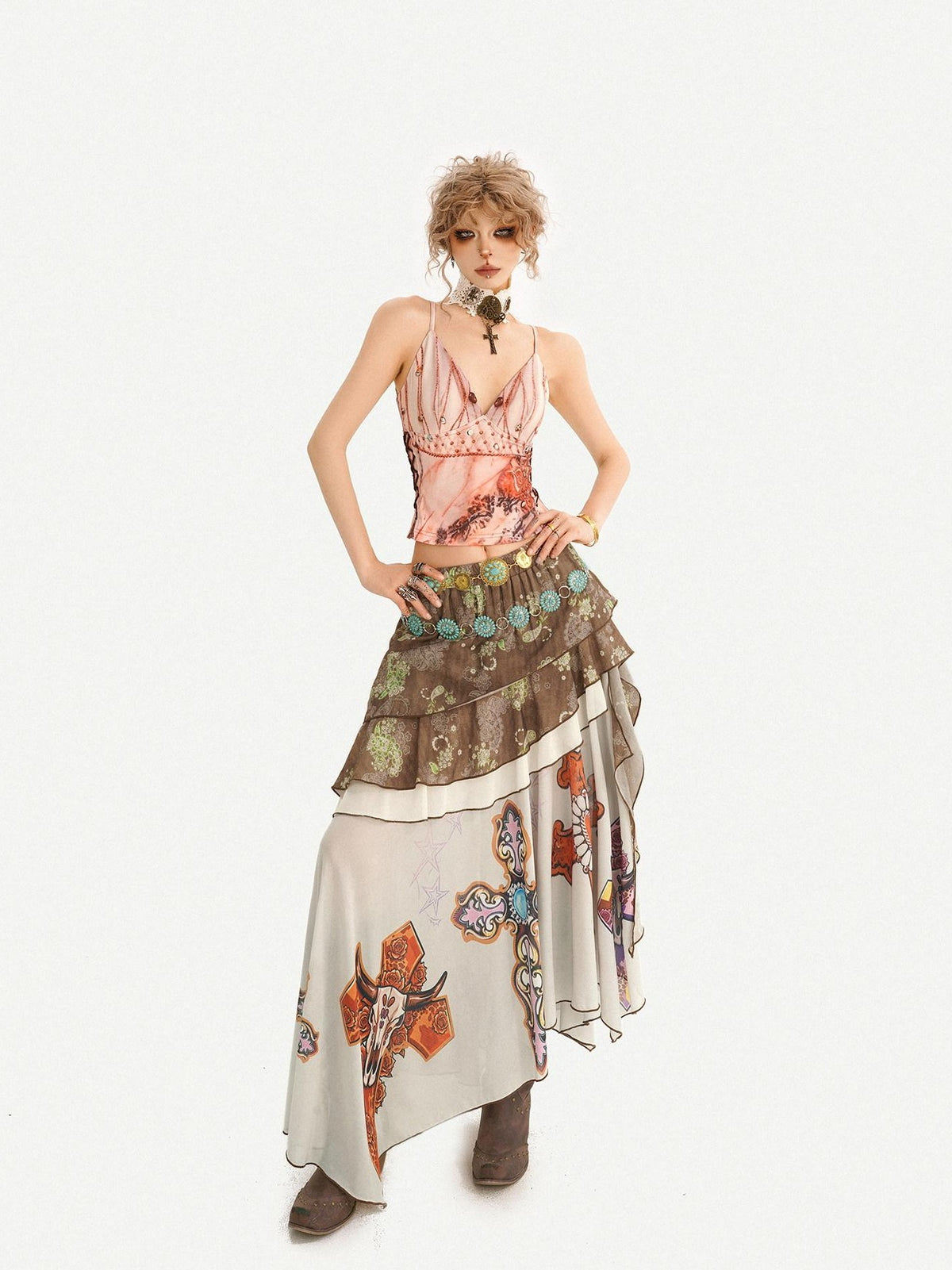 Nico Molly Oil Art Print Ruffle Layered V-neck Cami Patchwork Women&