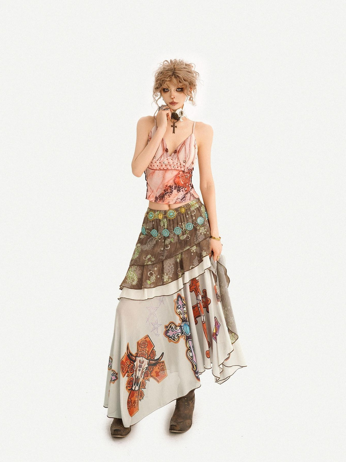 Nico Molly Oil Art Print Ruffle Layered V-neck Cami Patchwork Women&