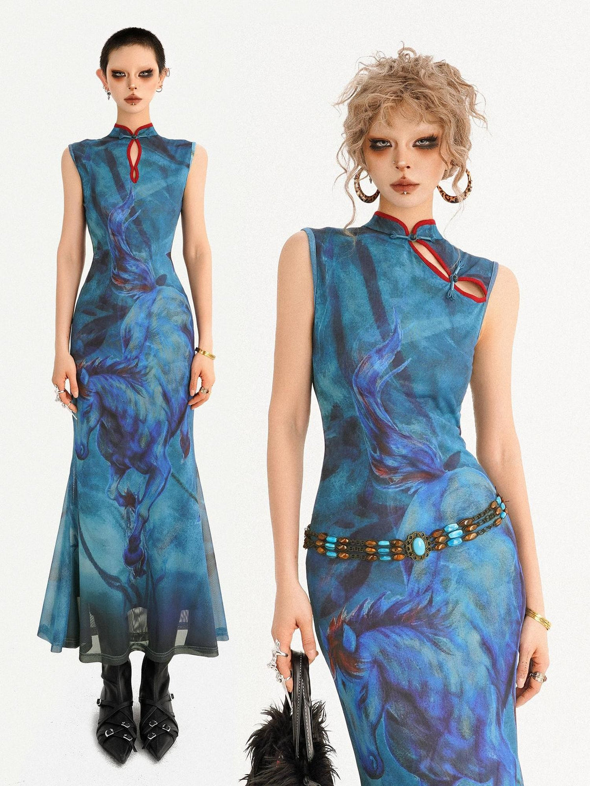 Nico Molly Oil Painting Blue Cheongsam Stand Collar Fishtail Women&