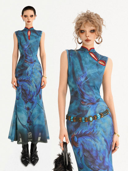 Nico Molly Oil Painting Blue Cheongsam Stand Collar Fishtail Women&