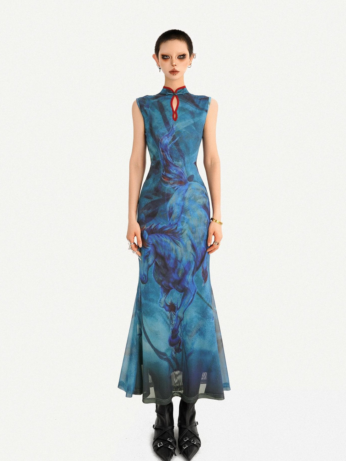 Nico Molly Oil Painting Blue Cheongsam Stand Collar Fishtail Women&