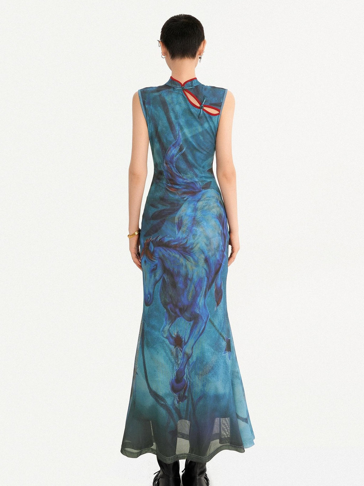 Nico Molly Oil Painting Blue Cheongsam Stand Collar Fishtail Women&