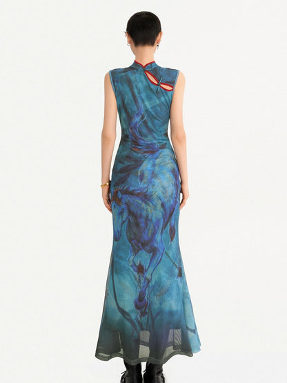Nico Molly Oil Painting Blue Cheongsam Stand Collar Fishtail Women&