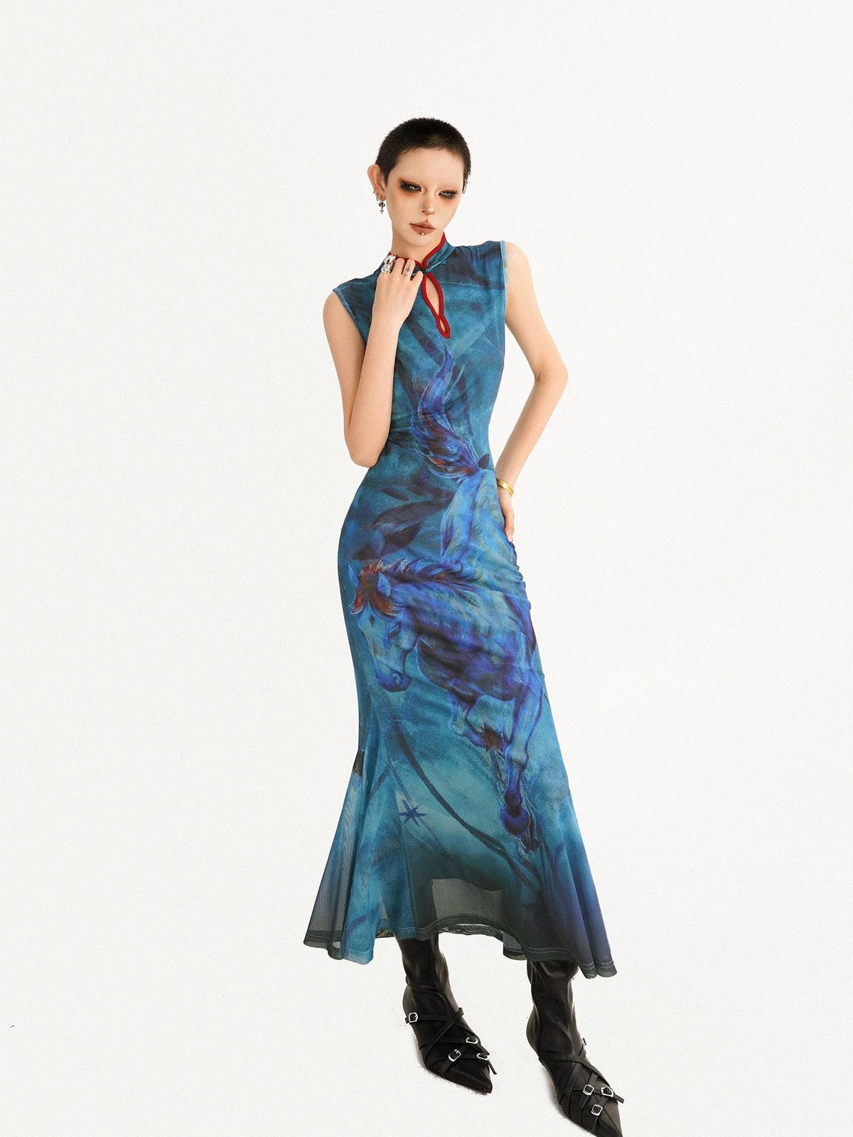 Nico Molly Oil Painting Blue Cheongsam Stand Collar Fishtail Women&