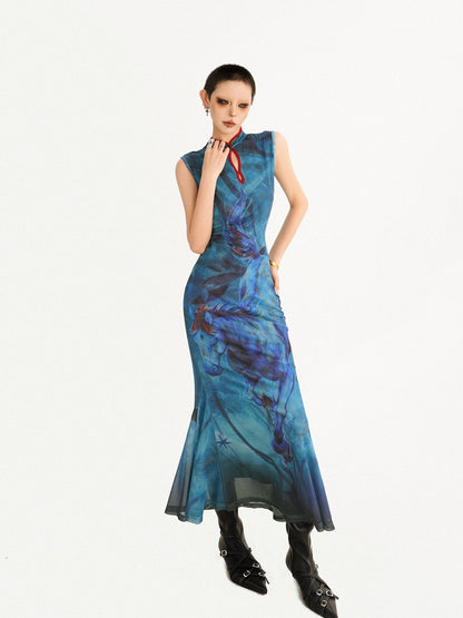 Nico Molly Oil Painting Blue Cheongsam Stand Collar Fishtail Women&