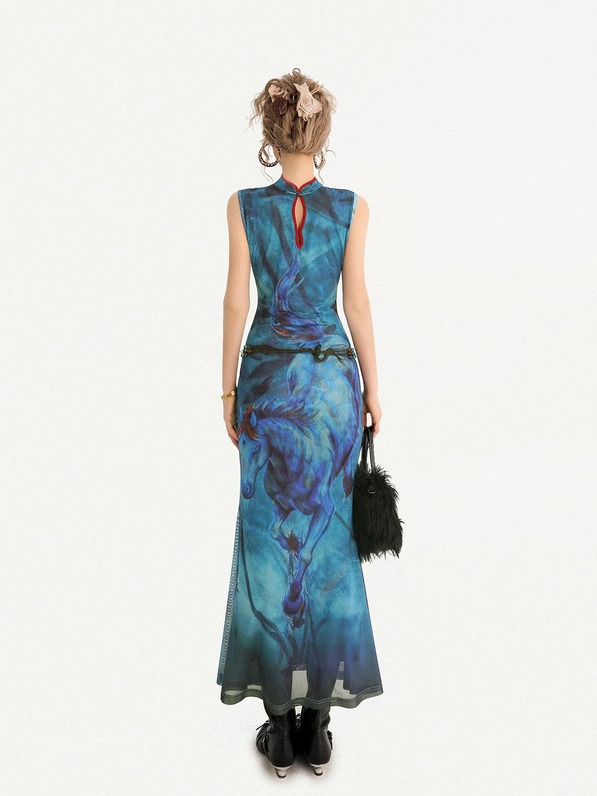 Nico Molly Oil Painting Blue Cheongsam Stand Collar Fishtail Women&