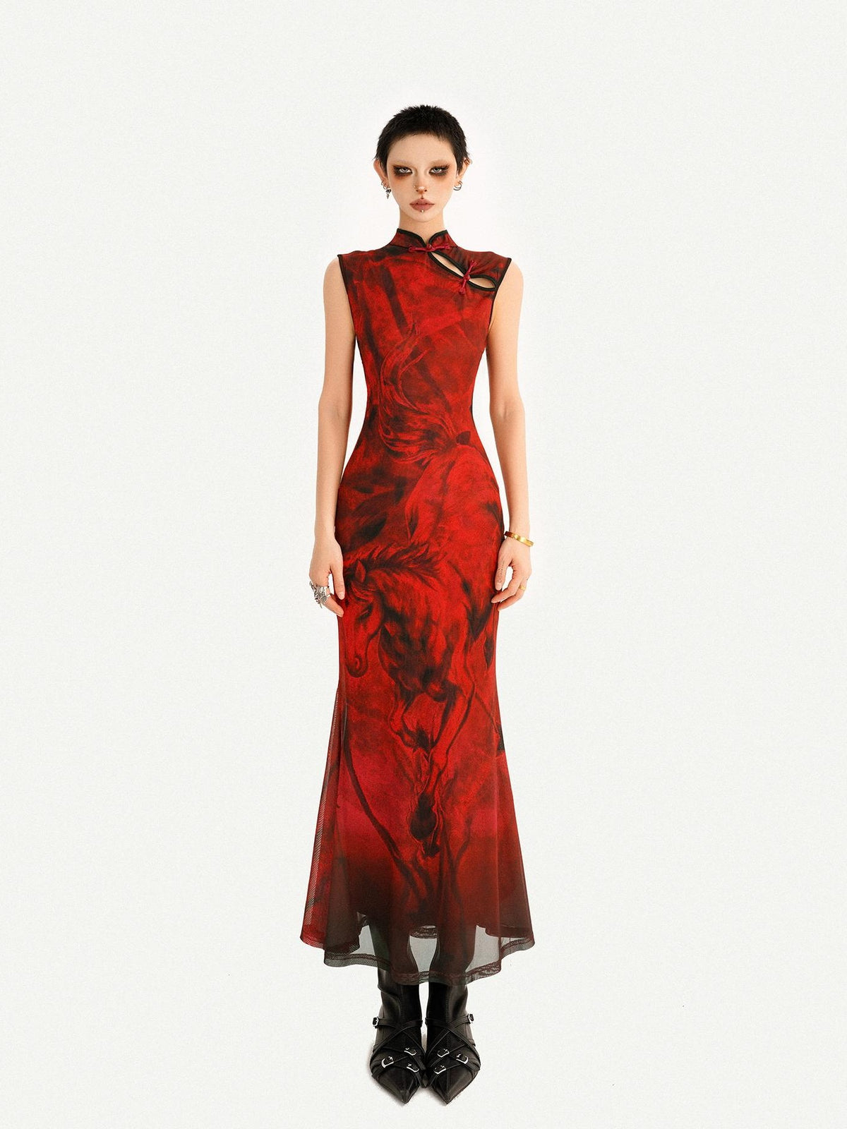 Nico Molly Oil Painting Blue Cheongsam Stand Collar Fishtail Women&