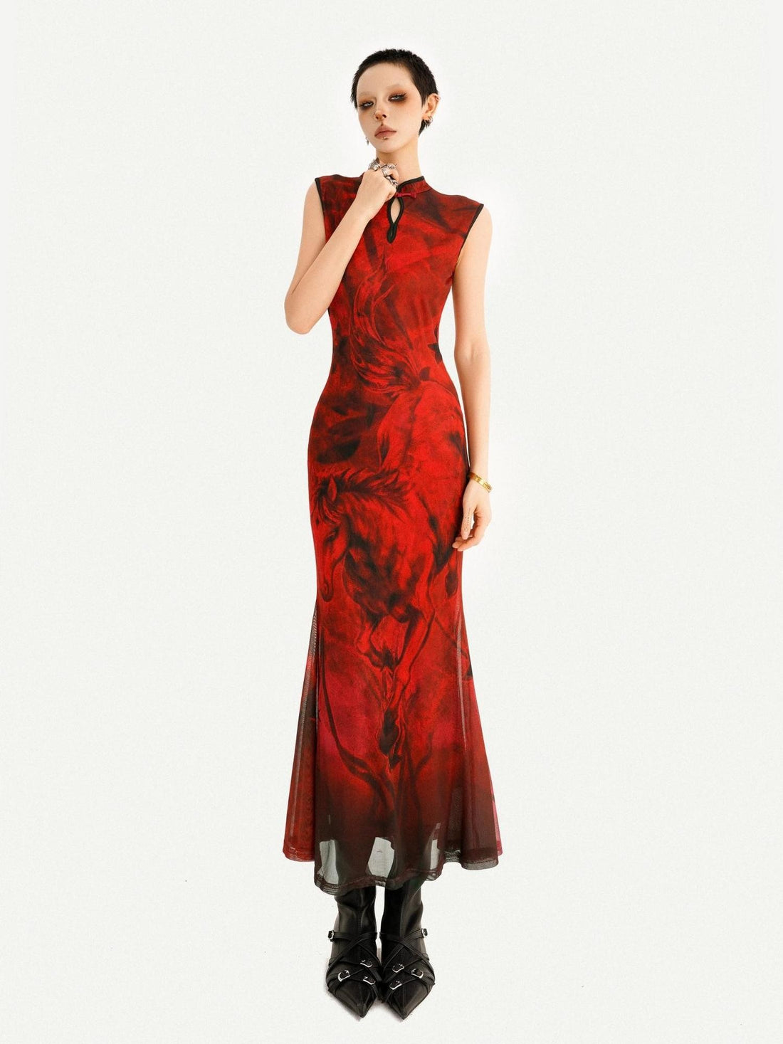 Nico Molly Oil Painting Blue Cheongsam Stand Collar Fishtail Women&