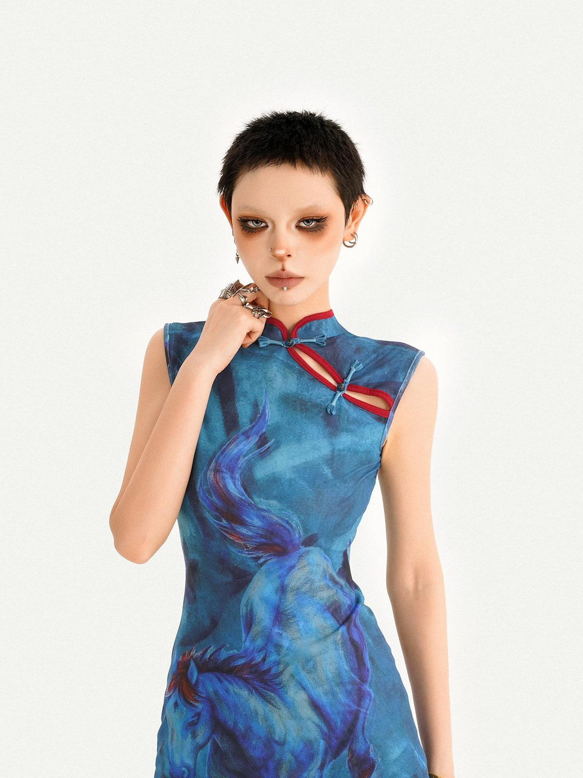 Nico Molly Oil Painting Blue Cheongsam Stand Collar Fishtail Women&