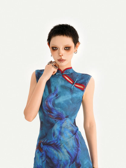 Nico Molly Oil Painting Blue Cheongsam Stand Collar Fishtail Women&