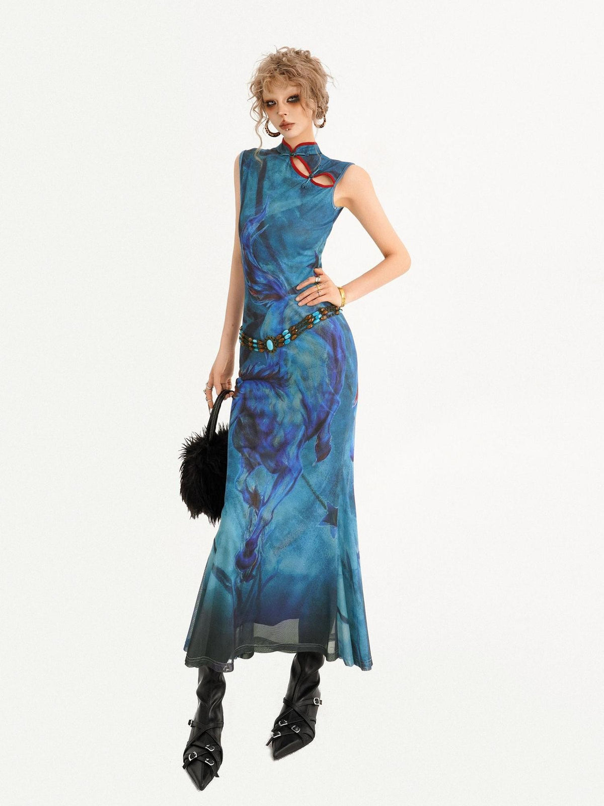 Nico Molly Oil Painting Blue Cheongsam Stand Collar Fishtail Women&