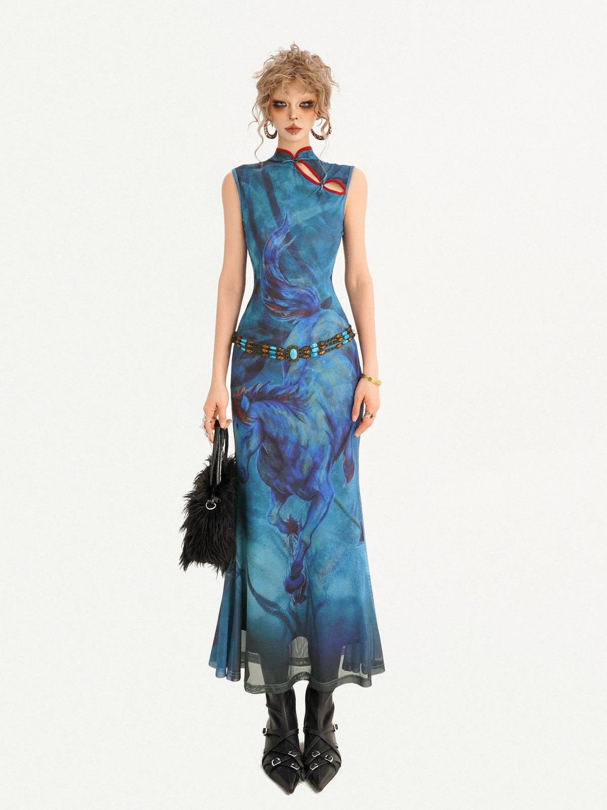 Nico Molly Oil Painting Blue Cheongsam Stand Collar Fishtail Women&