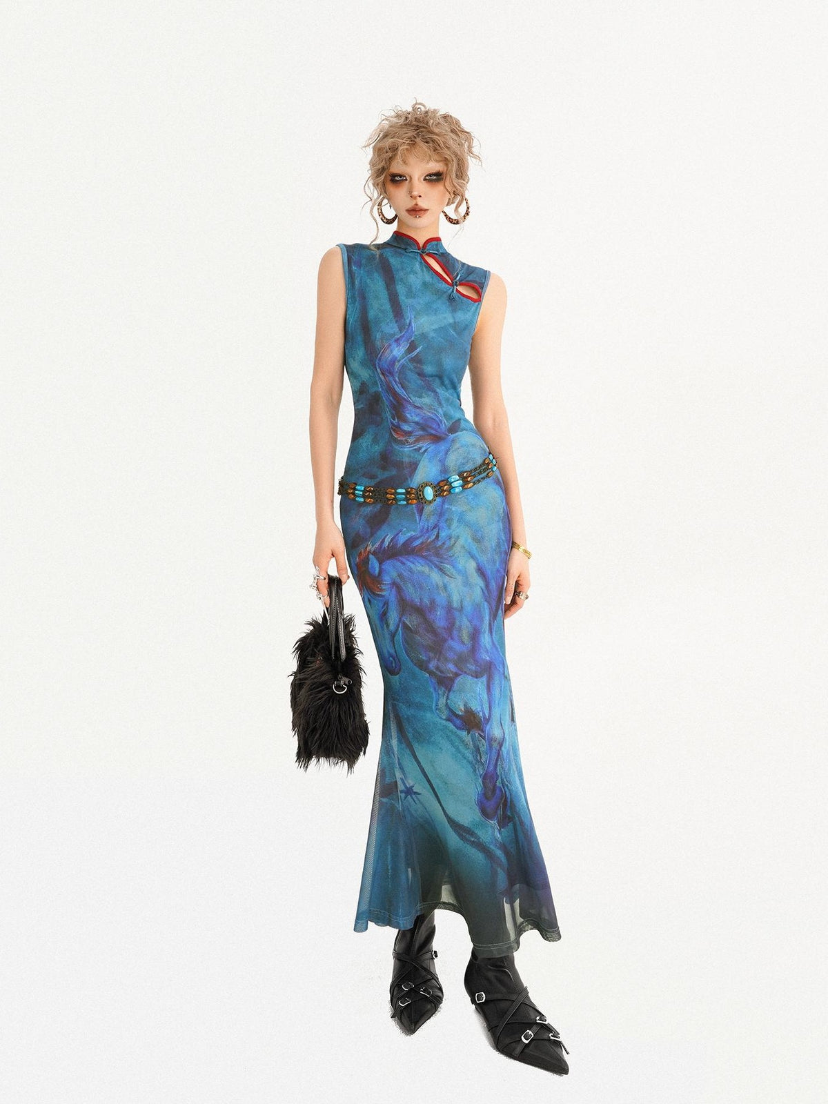 Nico Molly Oil Painting Blue Cheongsam Stand Collar Fishtail Women&