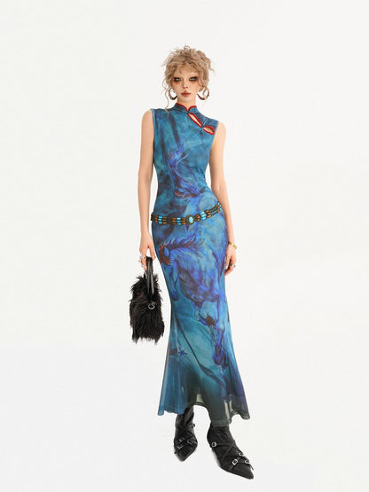 Nico Molly Oil Painting Blue Cheongsam Stand Collar Fishtail Women&