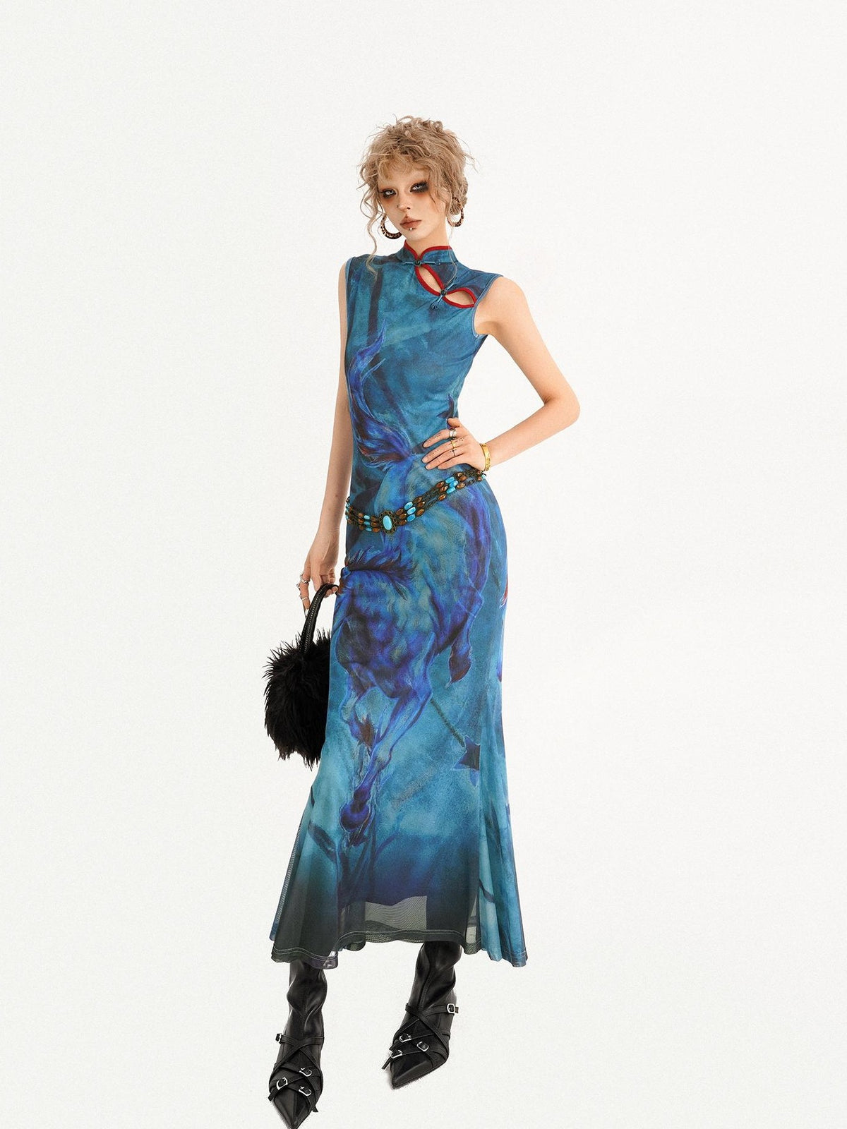 Nico Molly Oil Painting Blue Cheongsam Stand Collar Fishtail Women&