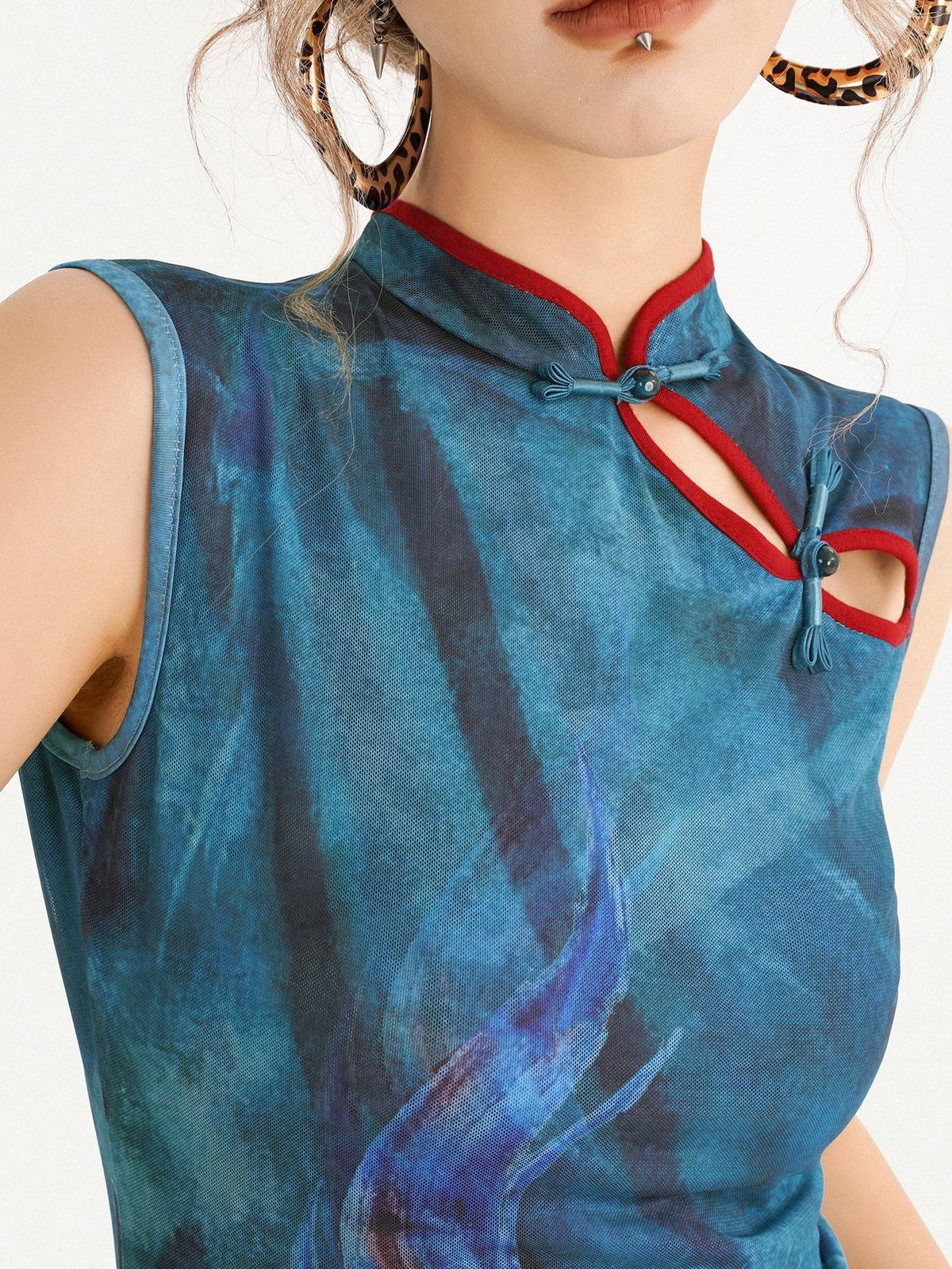 Nico Molly Oil Painting Blue Cheongsam Stand Collar Fishtail Women&