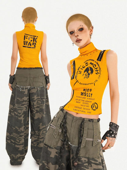 Nico Molly Orange Letter Print Zipper High Neck Slim Short Women&