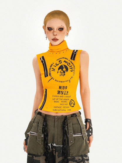 Nico Molly Orange Letter Print Zipper High Neck Slim Short Women&