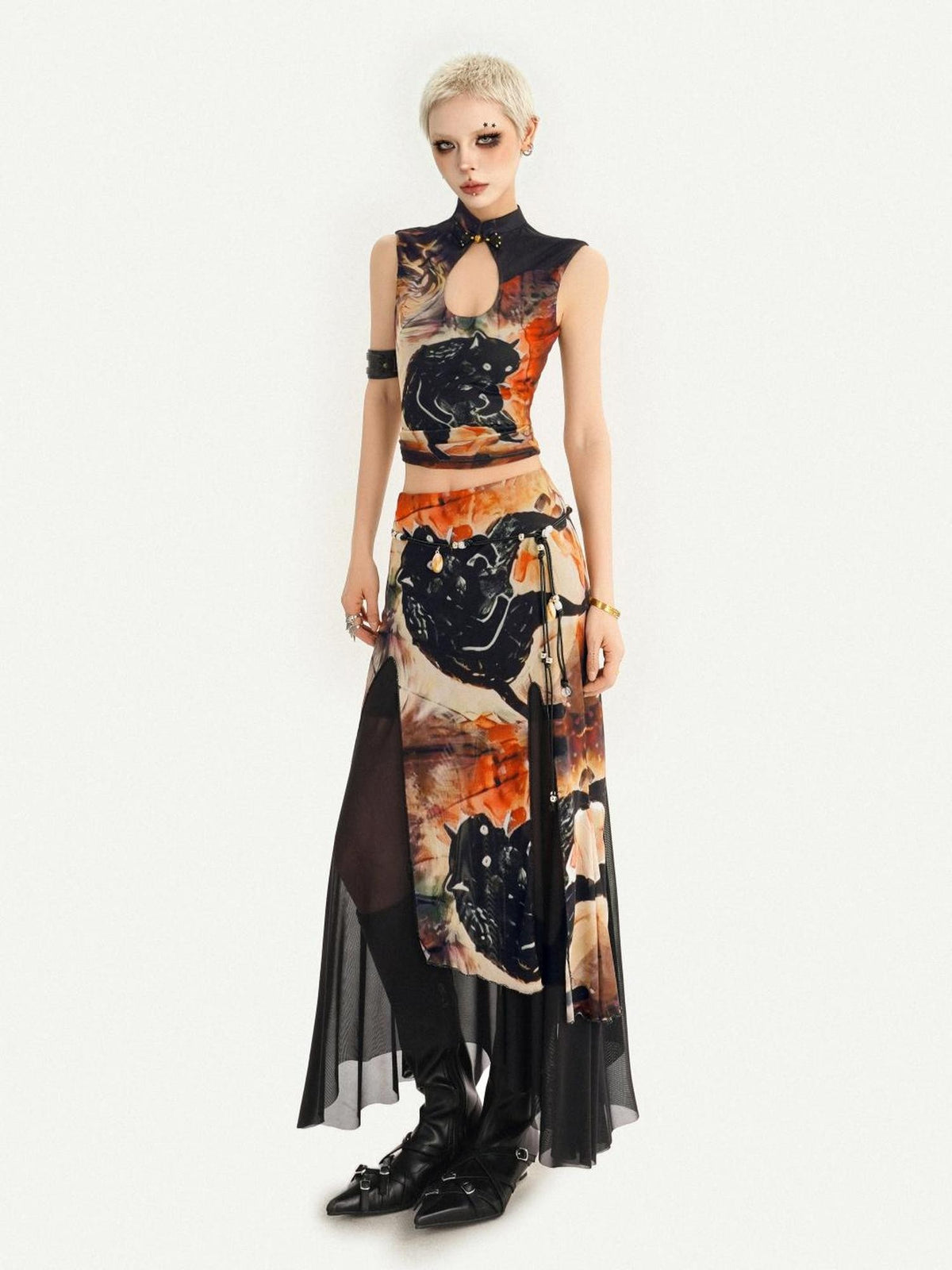 Nico Molly Oriental Ink Wash Print Double Layer Mesh Women&