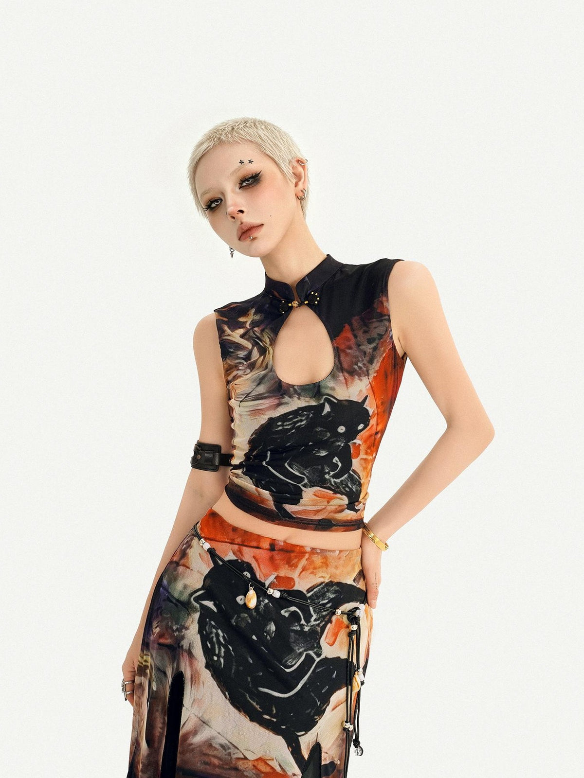 Nico Molly Oriental Ink Wash Print Double Layer Mesh Women&