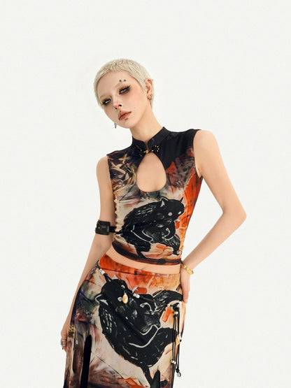 Nico Molly Oriental Ink Wash Print Double Layer Mesh Women&