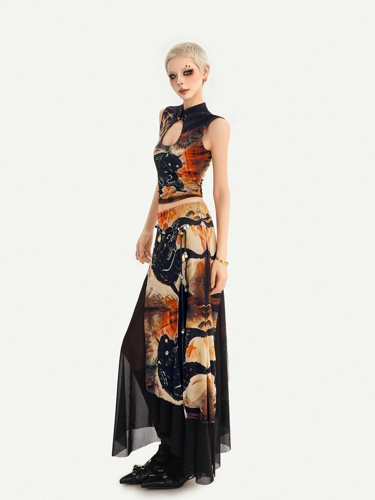 Nico Molly Oriental Ink Wash Print Double Layer Mesh Women&