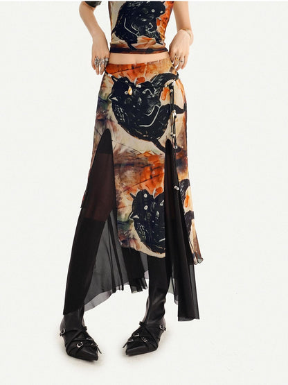 Nico Molly Oriental Ink Wash Print Double Layer Mesh Women&