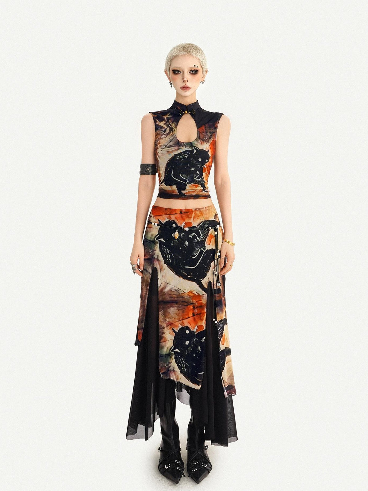 Nico Molly Oriental Ink Wash Print Double Layer Mesh Women&