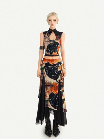 Nico Molly Oriental Ink Wash Print Double Layer Mesh Women&