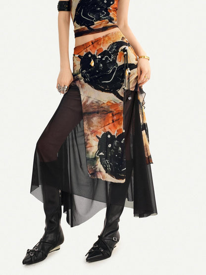 Nico Molly Oriental Ink Wash Print Double Layer Mesh Women&