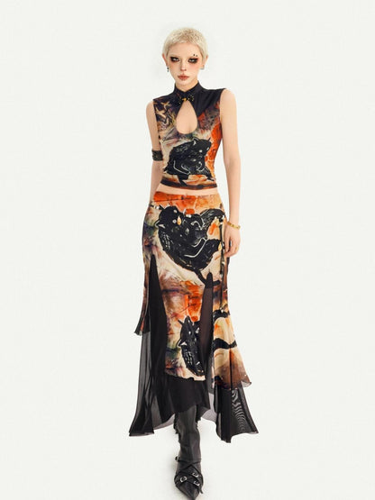 Nico Molly Oriental Ink Wash Print Double Layer Mesh Women&