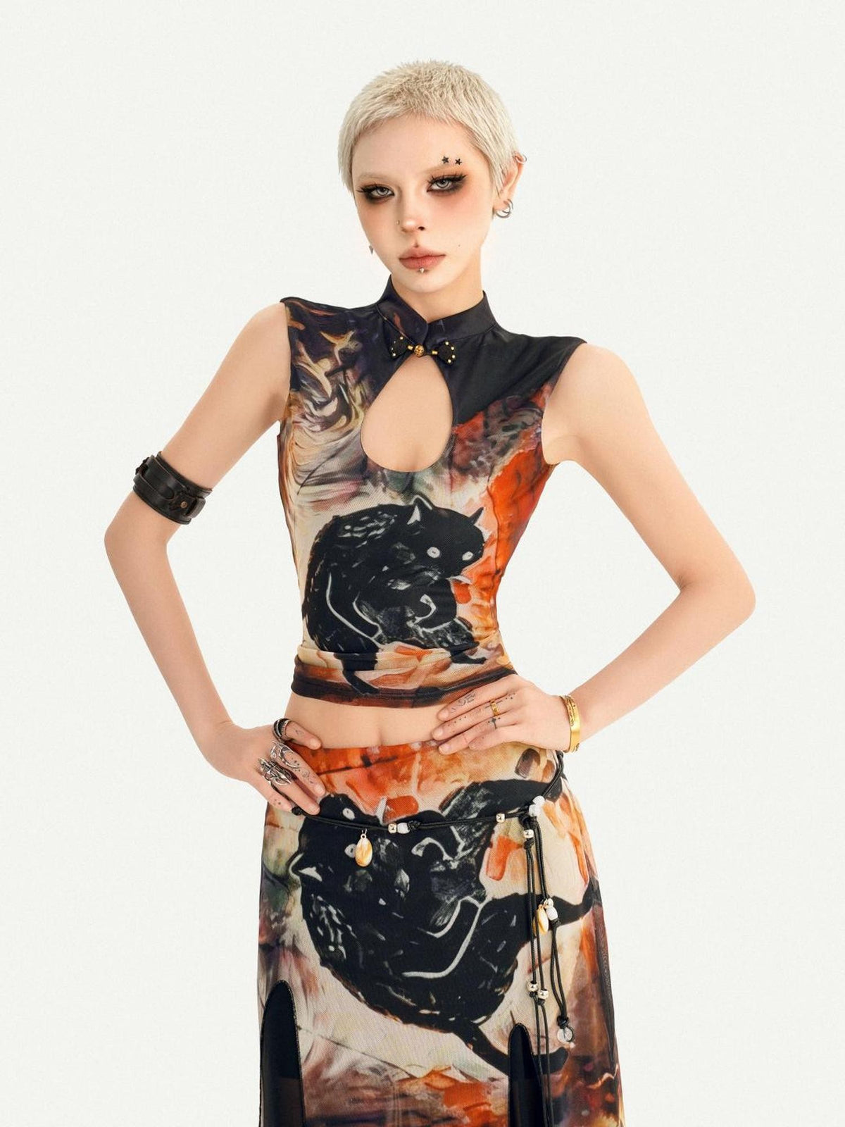 Nico Molly Oriental Ink Wash Print Double Layer Mesh Women&