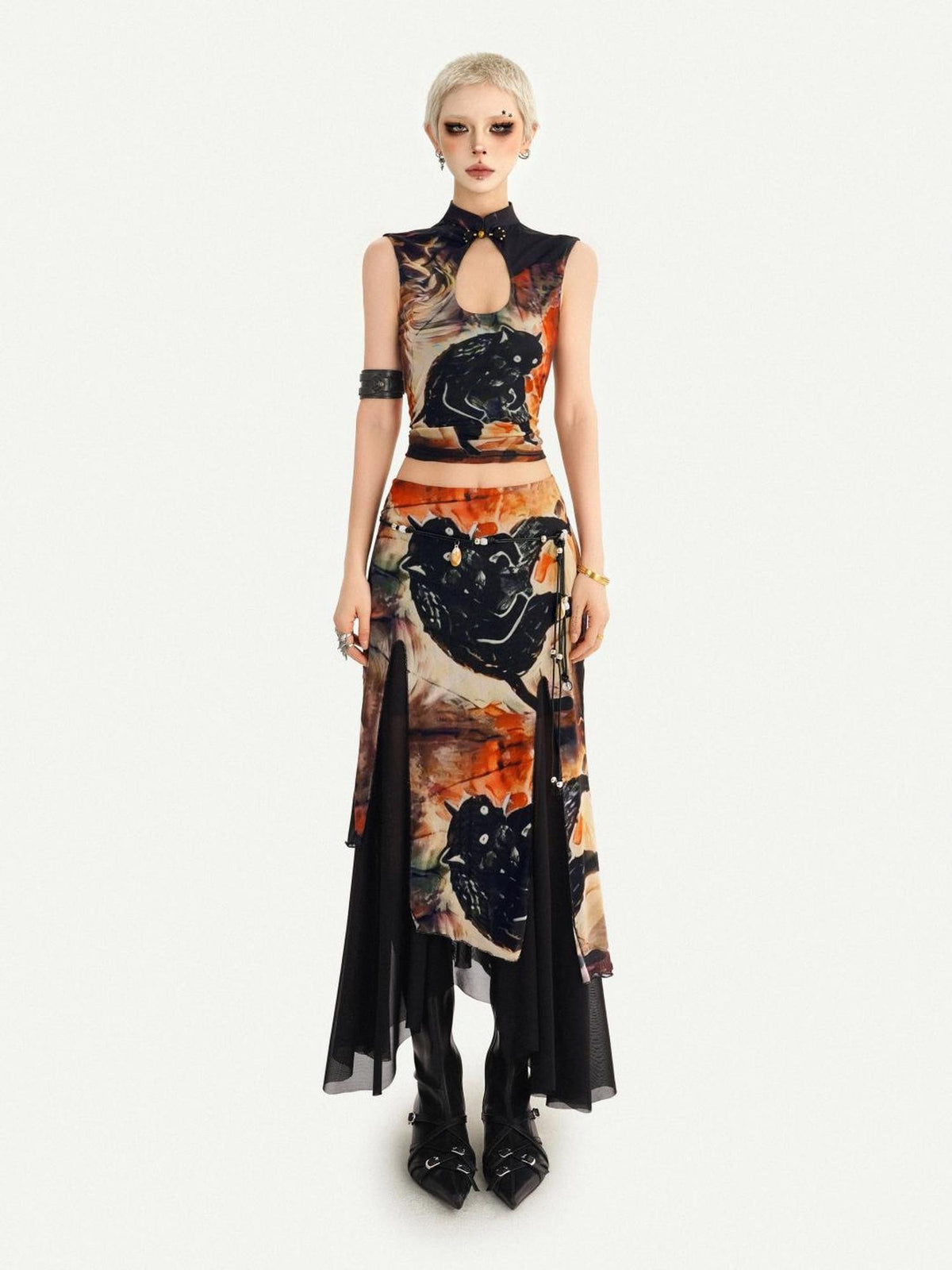 Nico Molly Oriental Ink Wash Print Double Layer Mesh Women&